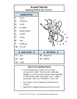 Spelling List (B-Insect Words)  Spelling B Worksheet