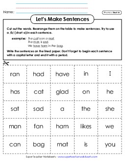 Let\'s Make Sentences: Short A Words Phonics Long Short A Worksheet