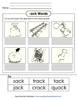 Cut and Glue (-ack) Free Word Families Worksheet