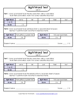 1-on-1 Reading Test (Unit 27) Sight Words Worksheet