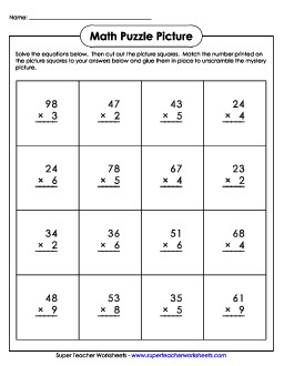 Math Puzzle Picture (Cut-and-Glue): 2-Digit by 1-Digit Multiplication Worksheet