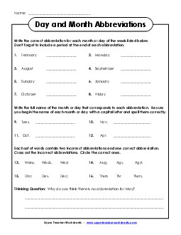 Abbreviations: Months and Days Punctuation Worksheet