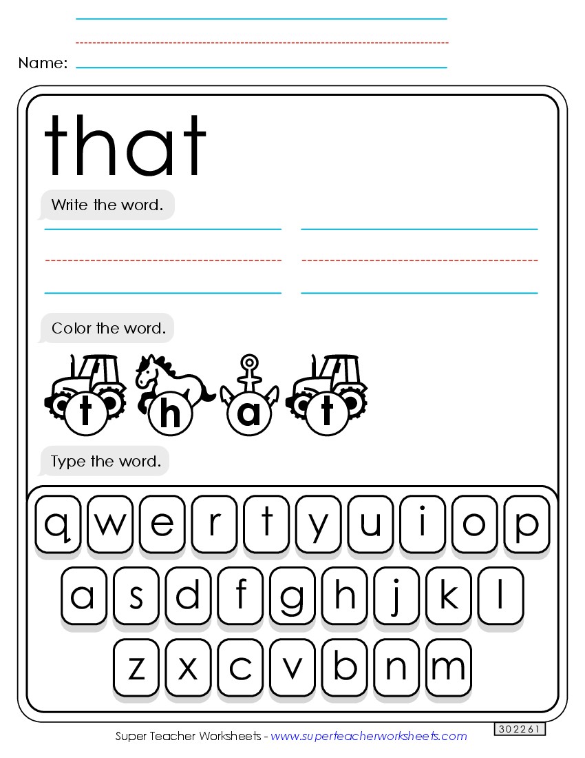 Write, Color, Type: That Sight Words Individual Worksheet