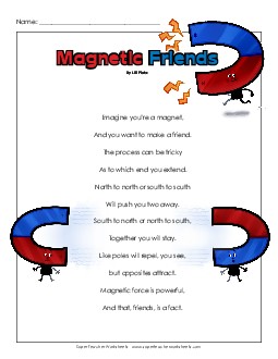 Poem: Magnetic Friends Reading Comprehension Worksheet