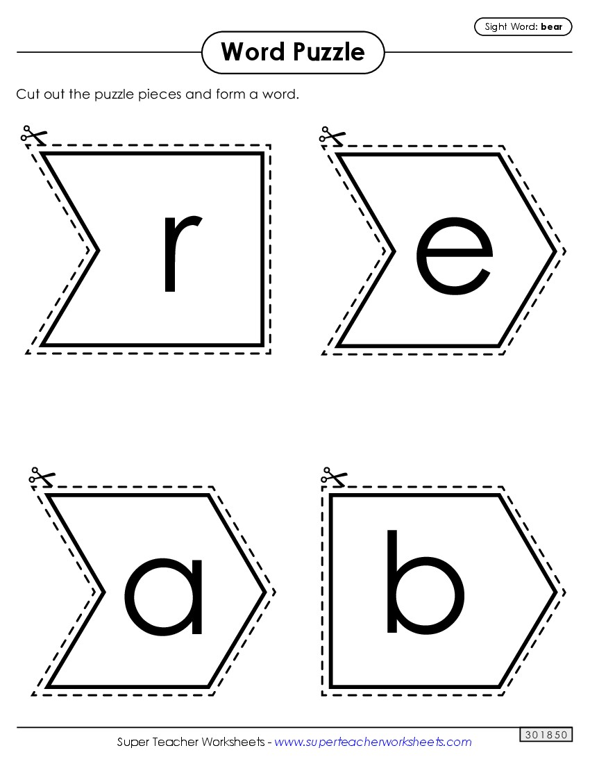 Word Puzzle: Bear Sight Words Individual Worksheet