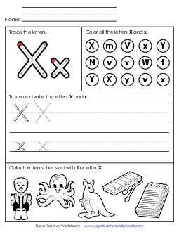 Tracing, Writing, and Recognizing Letter X Alphabet Worksheet