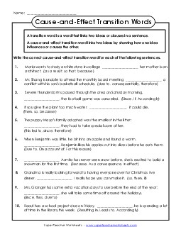 Cause and Effect Transition Words Worksheet