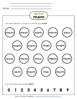 Dab or Color: Mom Sight Words Individual Worksheet