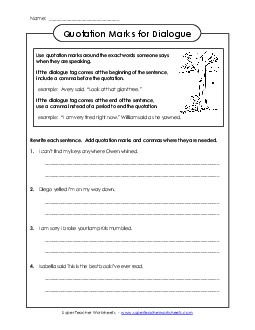 Commas in Dialogue Quotation Marks Worksheet