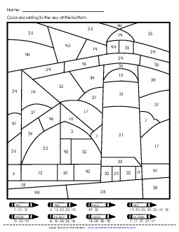 Double Color-by-Number: Farm or Lighthouse  (Numbers to 50) Color By Number Worksheet