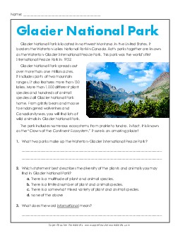 Glacier National Park (Short Passage) Reading Comprehension Reading Comp Short Worksheet