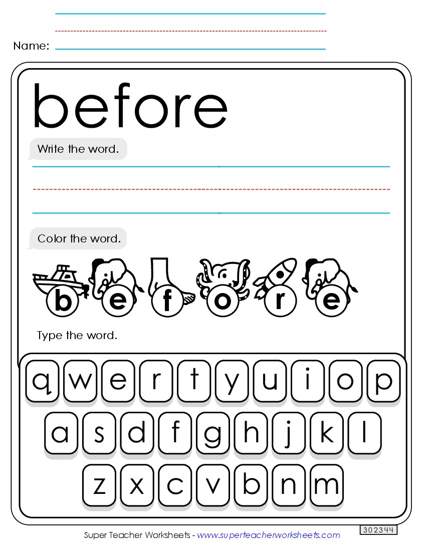 Write, Color, Type: Before Sight Words Individual Worksheet