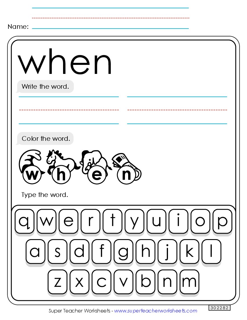 Write, Color, Type: When Sight Words Individual Worksheet