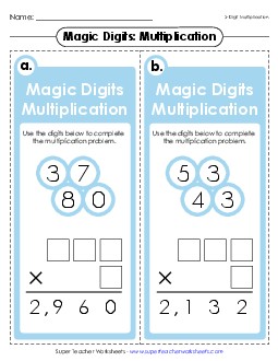 Magic Digits Game (3-Digit by 1-Digit Multiplication) Worksheet