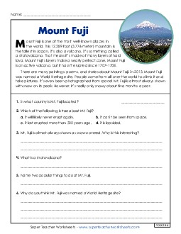 Mount Fuji (Short, Nonfiction) 4th Grade Reading Comprehension Reading Comp Short Worksheet