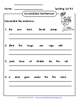 Scrambled Sentences (B-5) Spelling B Worksheet