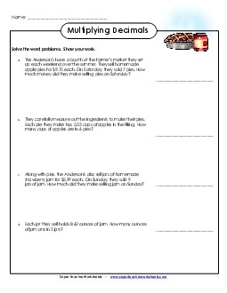 Word Problems: Multiplying Decimals Worksheet