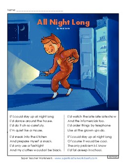 All Night Long (Poem) 3rd Grade Reading Comprehension Worksheet