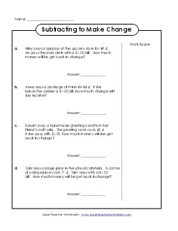 Making Change for Amounts Under a Dollar  Subtraction Worksheet