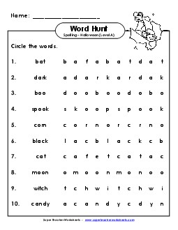 Horizontal Word Search (A-Halloween) Spelling A Worksheet