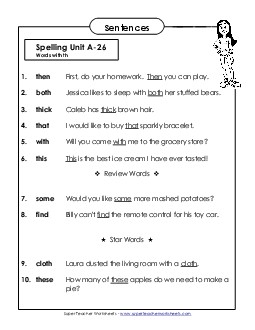 Spelling Test Sentences (A-26) Spelling A Worksheet