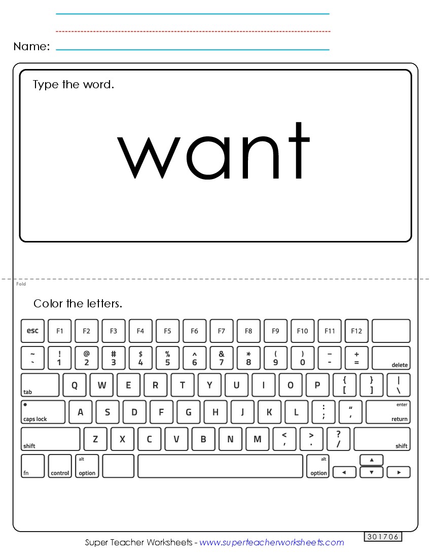 Type the Word: Want Sight Words Individual Worksheet