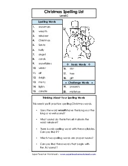 Winter & Christmas Spelling List (C-Christmas)  Spelling C Worksheet