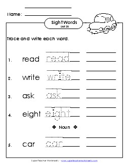 Read, Trace, Write (Unit 28) Sight Words Worksheet