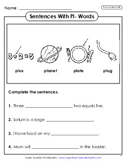 Sentences with PL Words Phonics Blends Worksheet