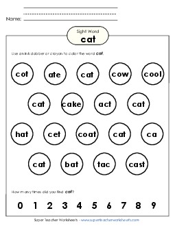 Dab or Color: Cat Sight Words Individual Worksheet