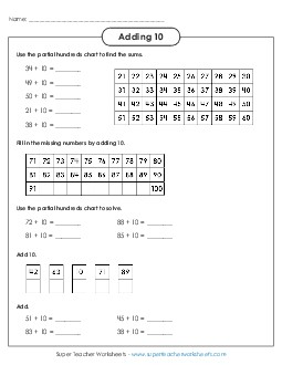 Adding 10 (With a Hundreds Chart) Free Addition Worksheet