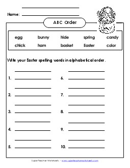 ABC Order: Write List (A-Easter)  Spelling A Worksheet