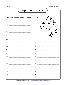 ABC Order: Write List (D-22) Spelling D Worksheet