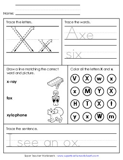 Letter X - Mixed Skills (Intermediate) Alphabet Worksheet