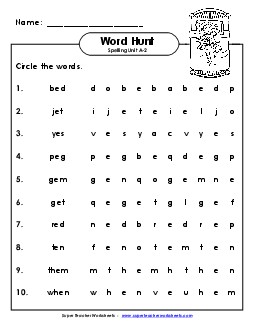 Horizontal Word Hunt (A-2) Free Spelling A Worksheet