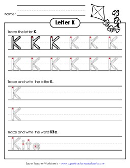 Uppercase K (Outlined Letters) Printing Handwriting Worksheet