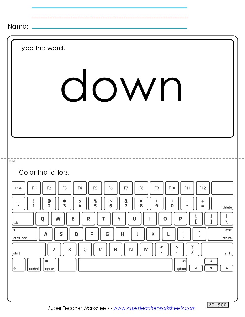 Type the Word: Down Sight Words Individual Worksheet