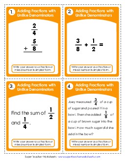 Task Cards: Fraction Addition (Unlike Denominators) Fractions Worksheet