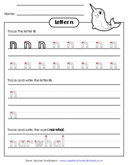 Lowercase n (Outlined Letters) Printing Handwriting Worksheet