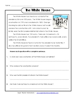 The White House (Short Reading Comp) Reading Comprehension Worksheet