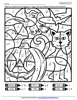 Mystery Picture: Halloween Scene (Addition Basic Facts) Worksheet