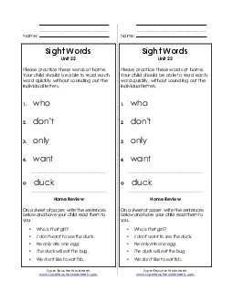 Take-Home List (Unit 22)  Sight Words Worksheet