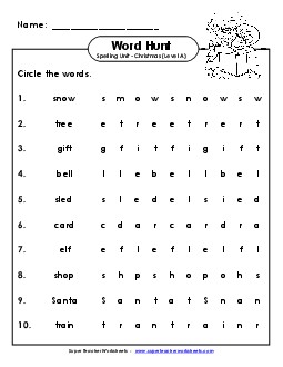 Christmas Horizontal Word Hunt (A-Christmas)  Spelling A Worksheet