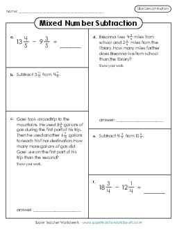 Variety Worksheet: Mixed Number Subtraction (Like Denominators) Fractions Worksheet