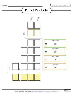 Partial Products Outline (2-Digit by 2-Digit) Multiplication Worksheet