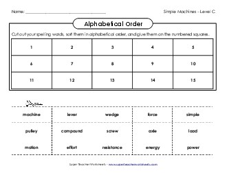 ABC Order: Cut and Glue (C-Simple Machines Words) Spelling C Worksheet