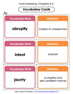 Vocabulary Cards for Chapters 4-6 Book Tuck Everlasting Worksheet