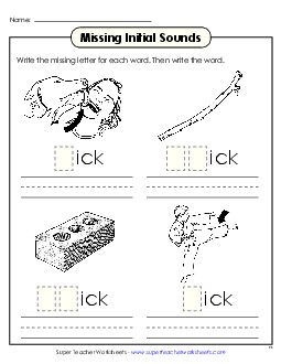 Missing Initial Sounds (-ick) Word Families Worksheet