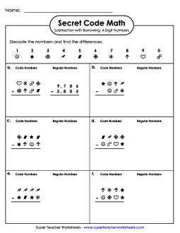 Secret Code Math: Subtraction 4-Digit Numbers Worksheet