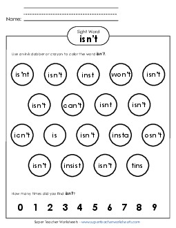 Dab or Color: Isn\'t Sight Words Individual Worksheet